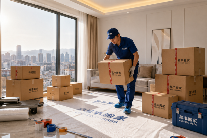 搬家团队正在有序搬运办公室里的电脑和隔断